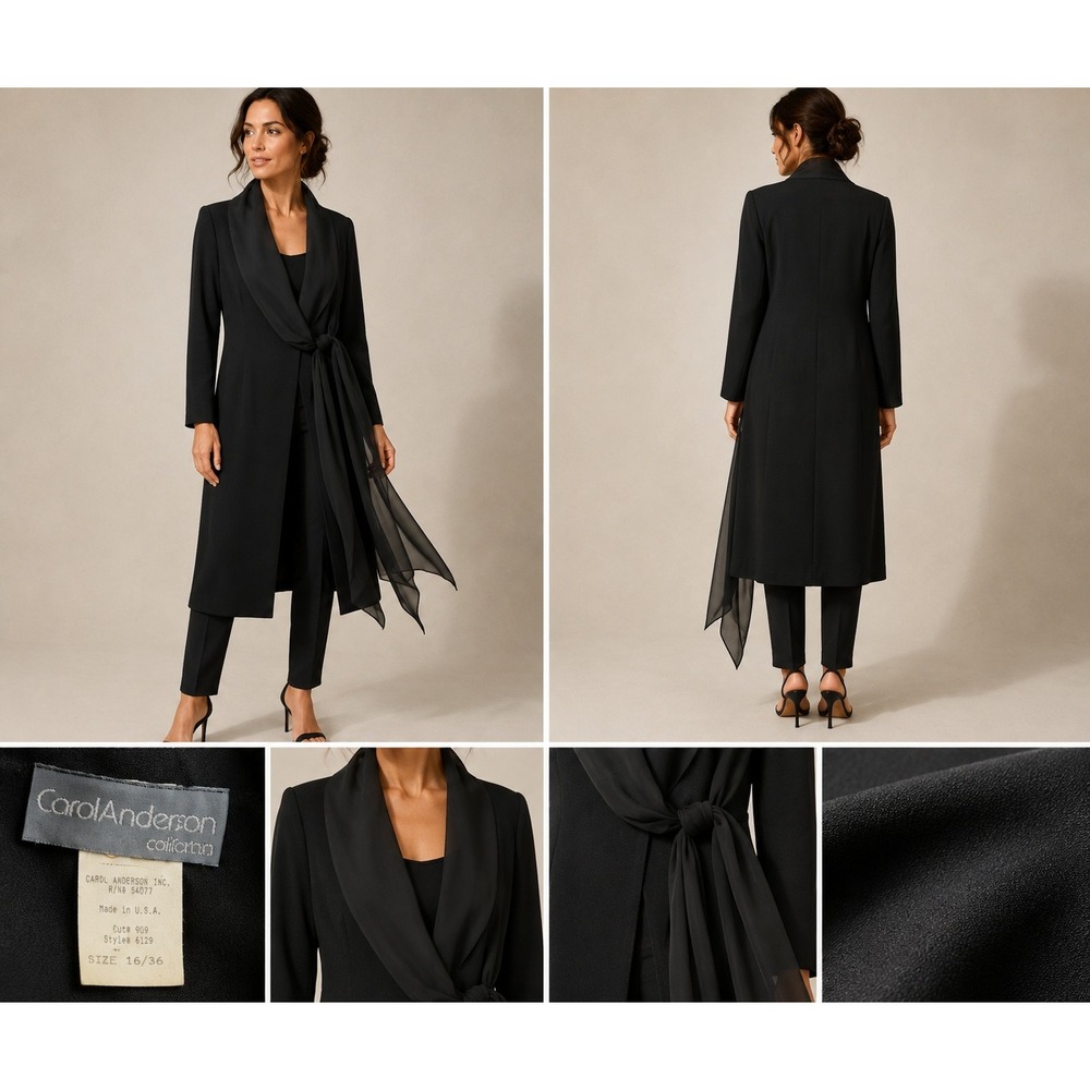 Carol Anderson California Black Wrap Duster Jacket Chiffon Trim Size 16 6129